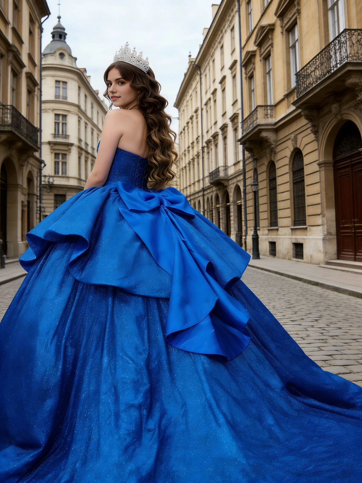 Vedress royal blue quinceanera dress lace-up corset back oversized satin big bow glitter court train ballgown back view