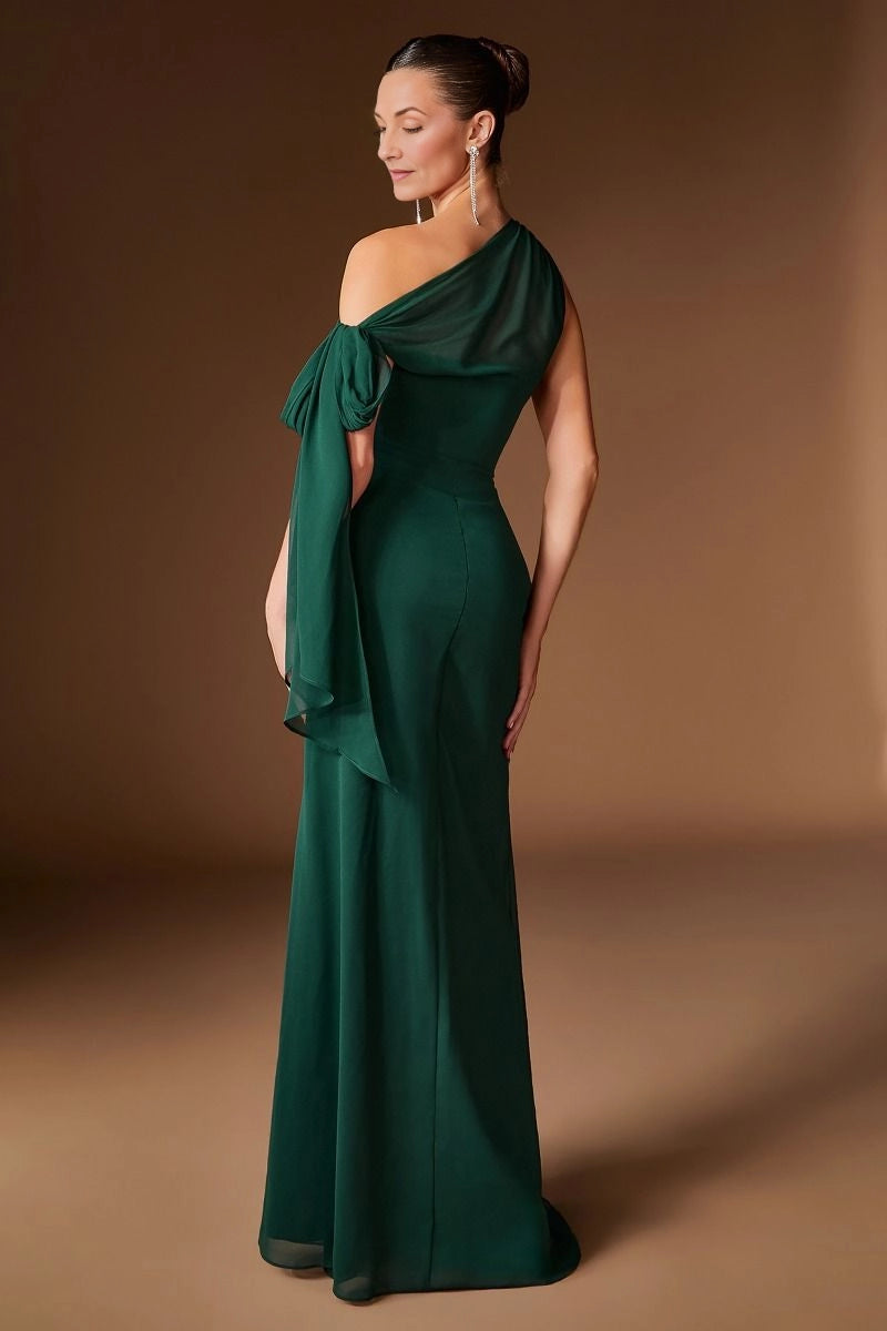 solid covered back,invisible zipper,sheer draped chiffon shoulder panel,form‑fitting