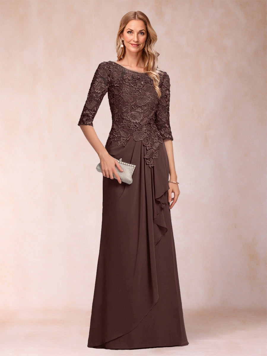 Elegant A Line Bateau Neck 3/4 Sleeve Zipper Back Floor Length Mother Of The Bride Dress