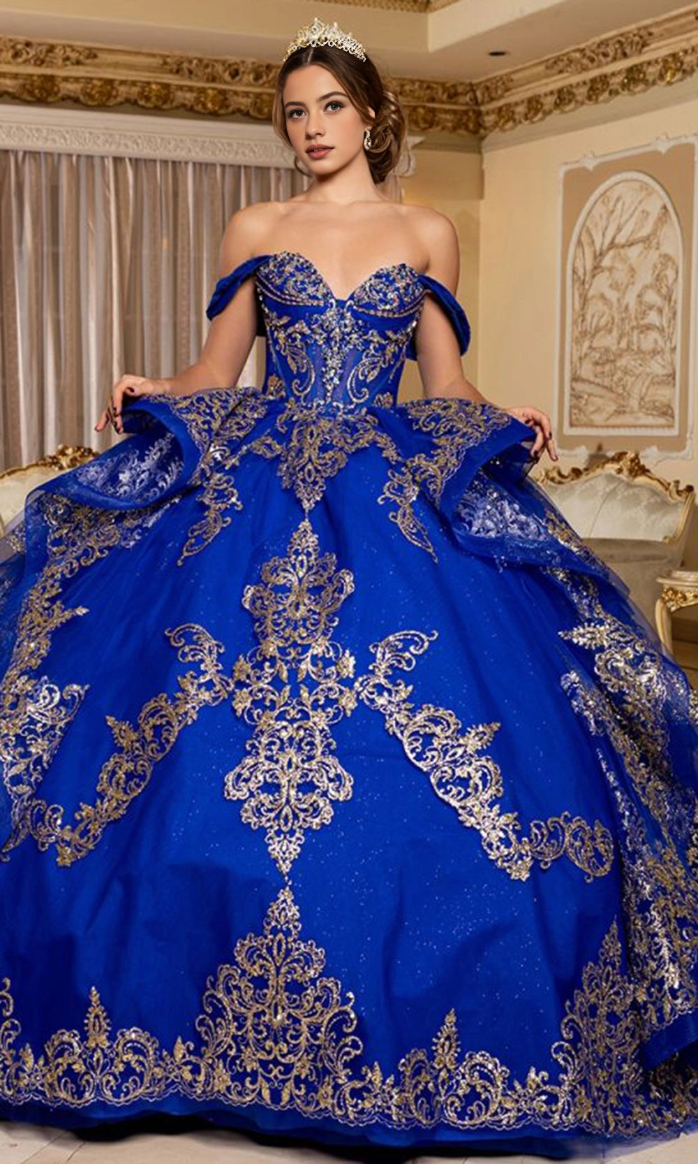 Ball Gown Off‑Shoulder Sweetheart Corset Back Tiered Long Train Quinceanera Dress