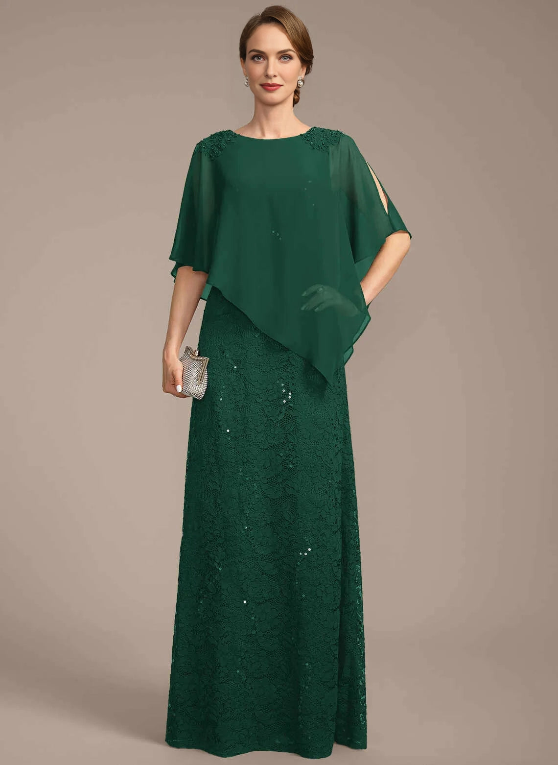 Modest Sheath Bateau Neck Cape Overlay Zipper Back Floor‑Length Mother Of The Bride Dress
