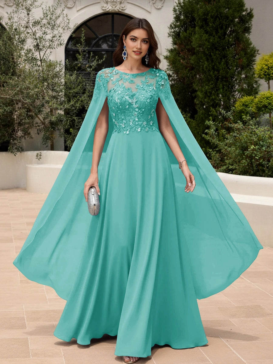 Elegant A‑Line Illusion Neck Cape Sleeve Solid Back Floor‑Length Prom Dress 
