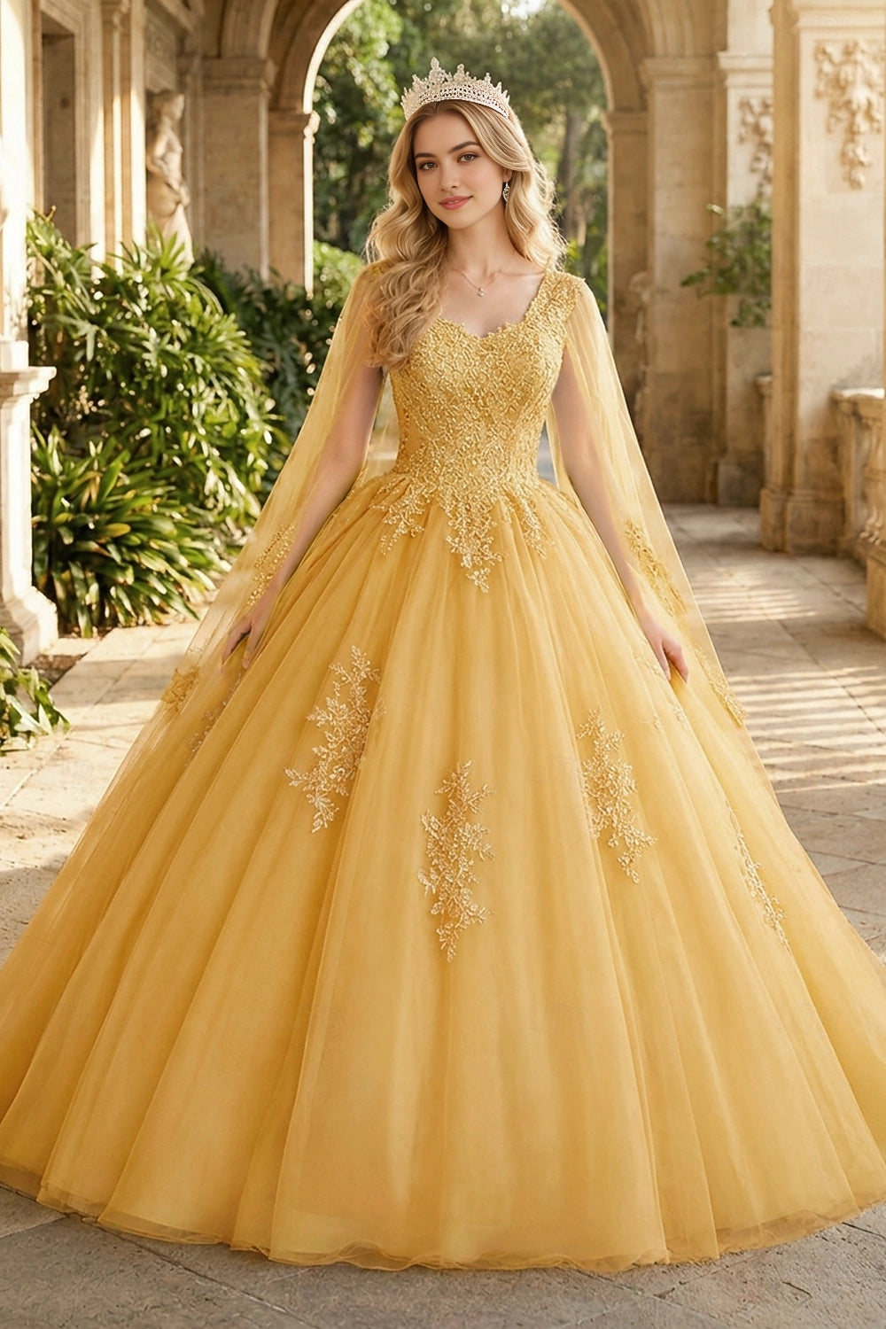 Romantic Ballgown V Neck Lace Up Back Long Tulle Prom Dress