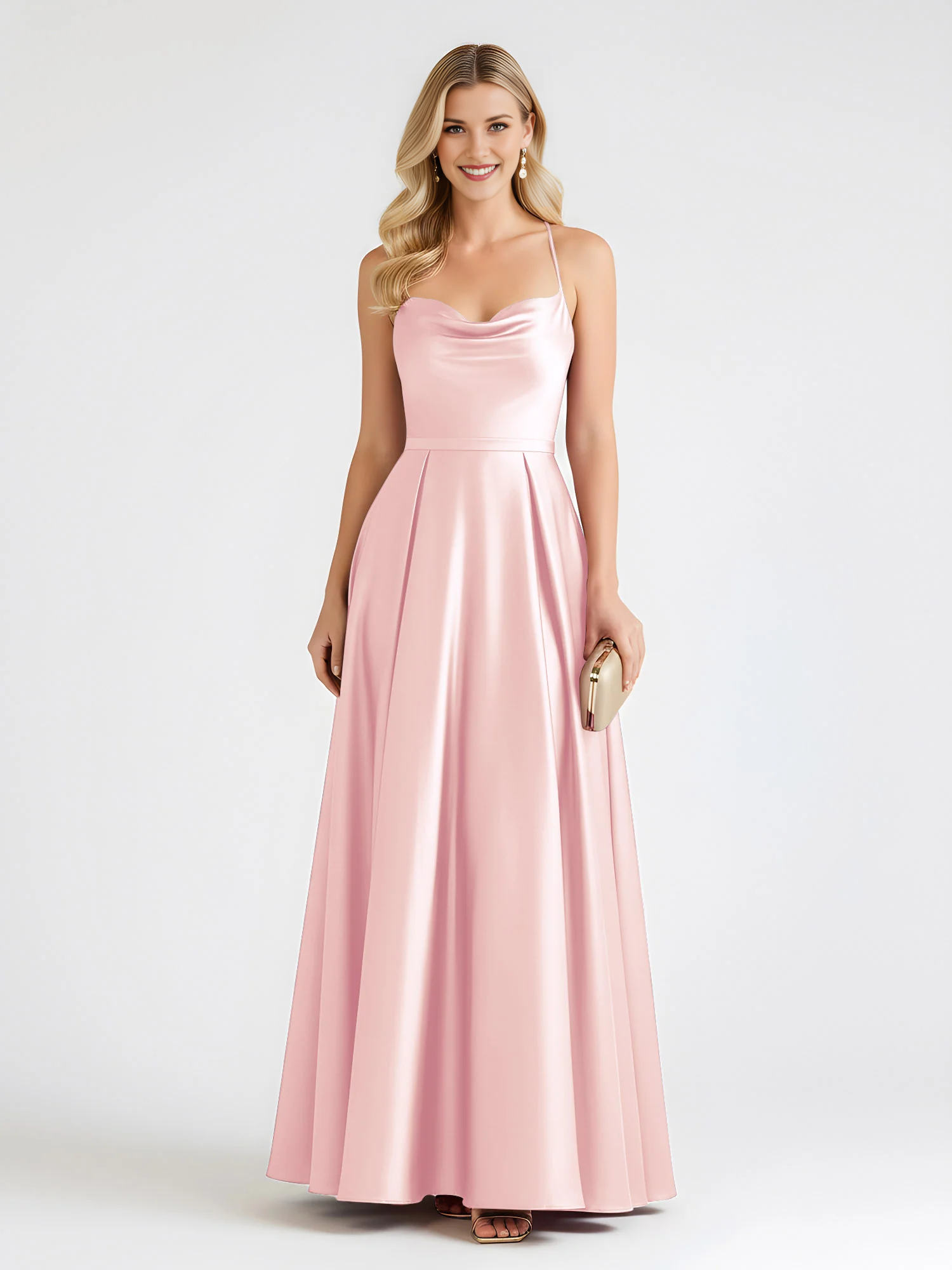 Vestido de dama de honor largo hasta el suelo de raso con cuello desbocado, tirantes finos y espalda cruzada