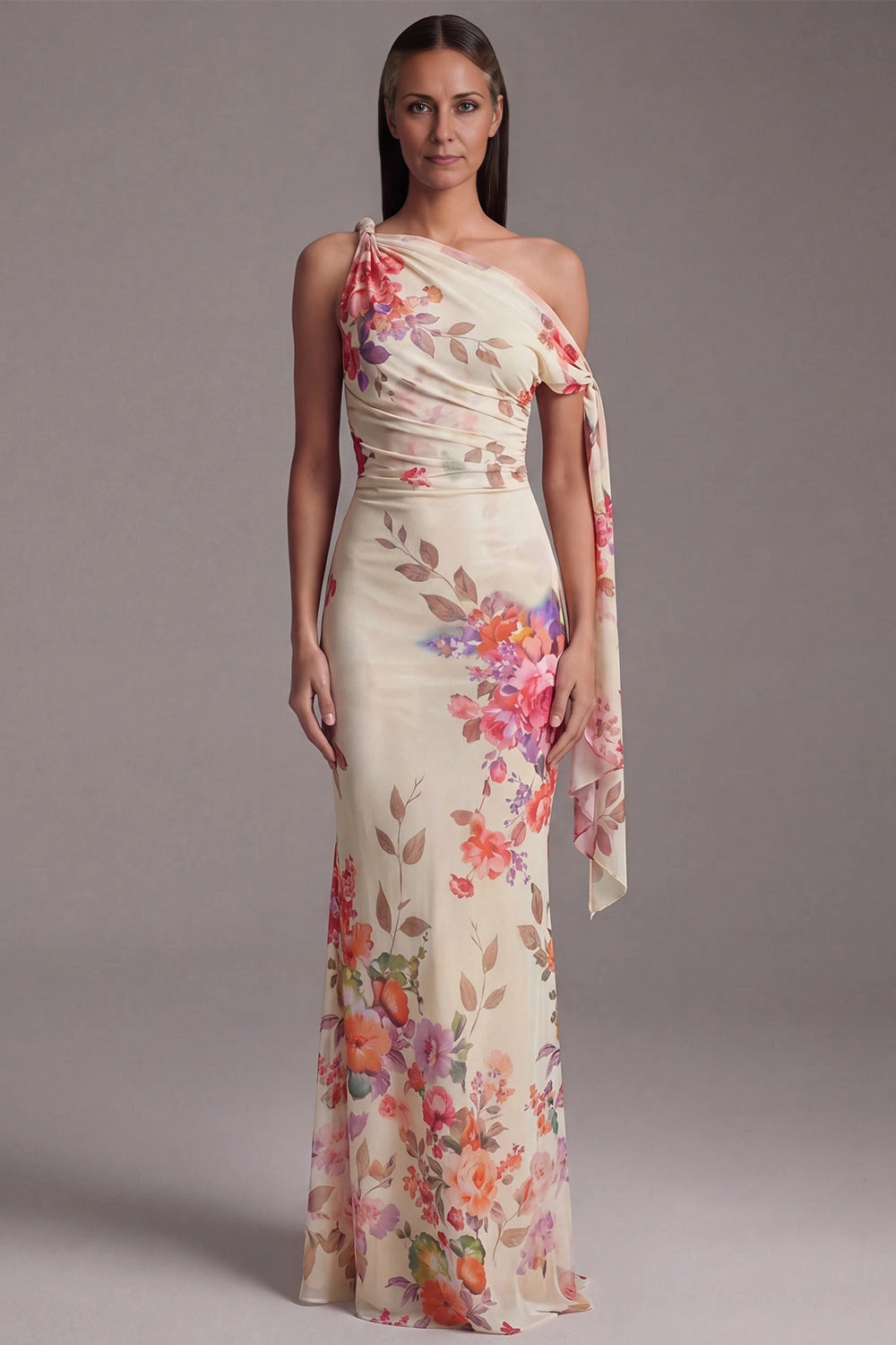 Floral Mermaid One Shoulder Solid Back Maxi Wedding Guest Dress