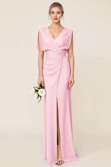 V-Neck Draped Sleeve Chiffon Bridesmaid Dress with Ruched Waist & Slit