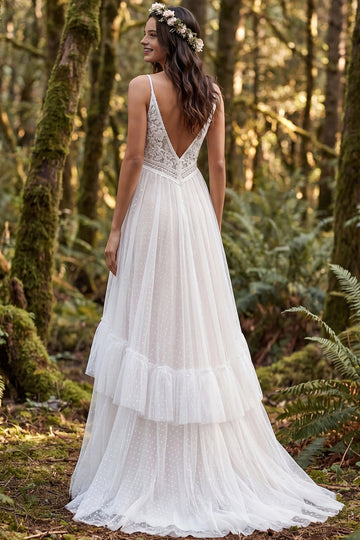 Vedress plunging v back dotted tulle wedding dress spaghetti strap tiered sweep train forest backdrop