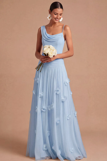 Asymmetrical Cowl Neck Spaghetti Strap 3D Floral Tulle A-Line Bridesmaid Maxi Dress