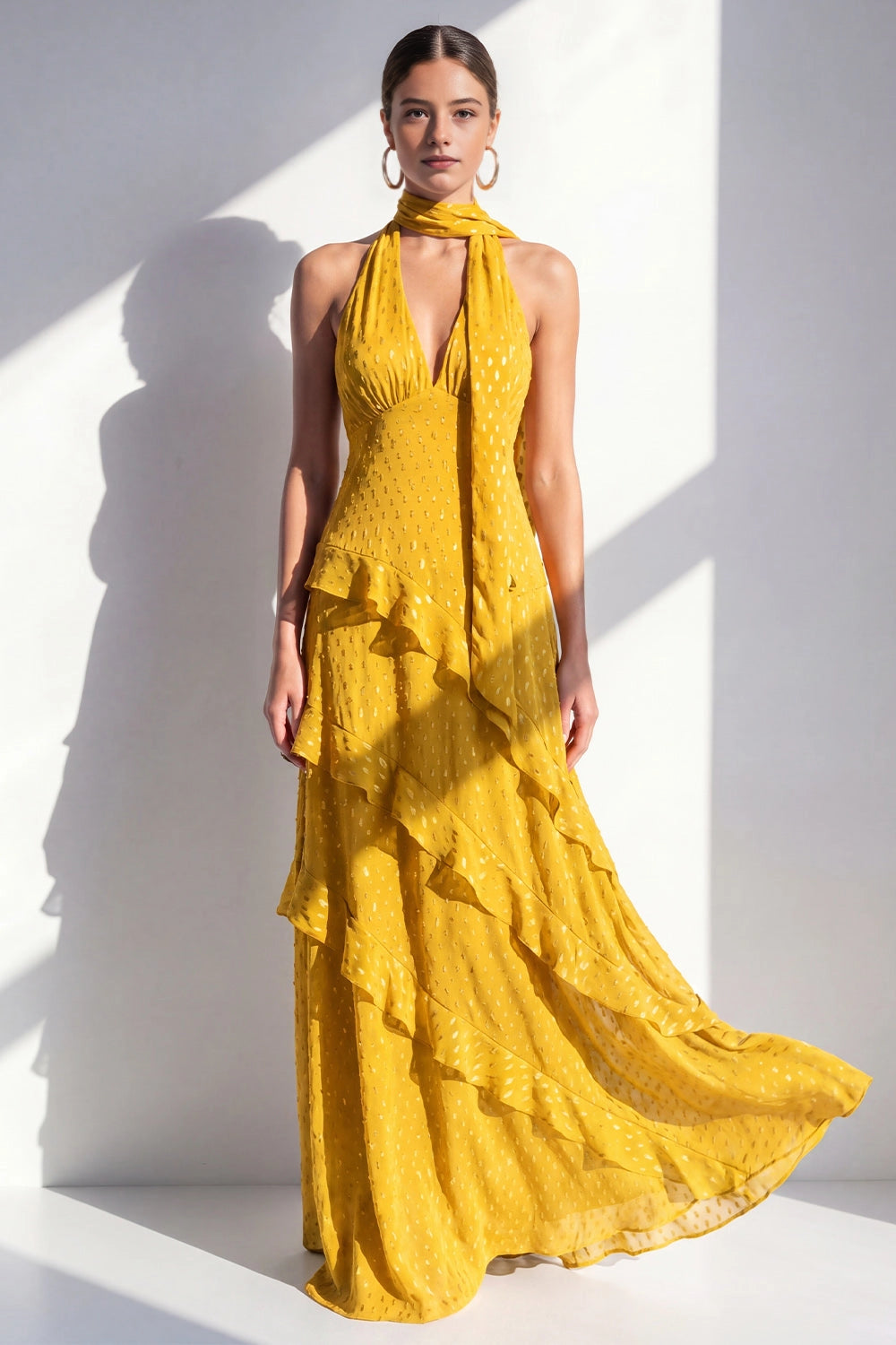 Flowy A Line Halter Open Back Sleeveless Zip Up Maxi Wedding Guest Dress