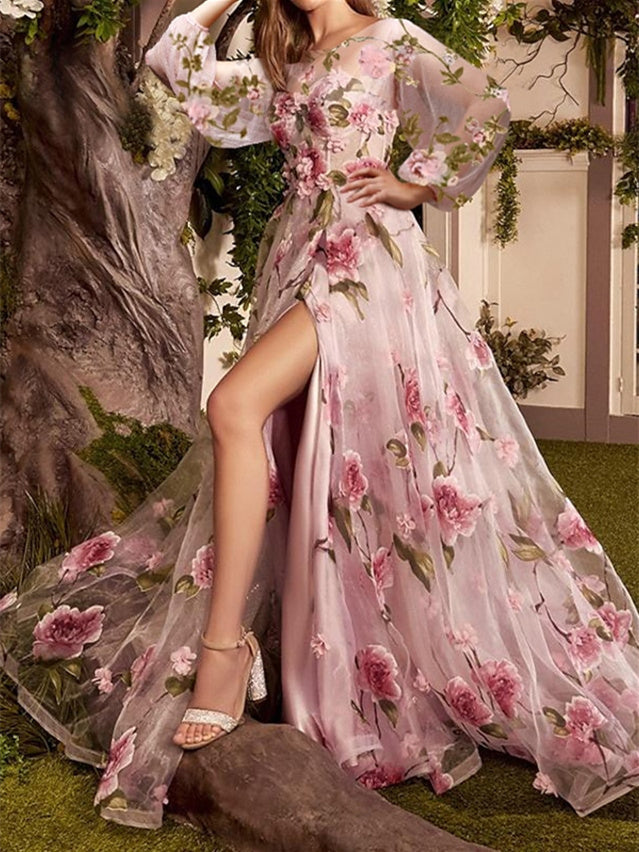 Vestidos de Noche de Fiesta con Estampado Floral con Abertura, Cuello Ilusión, Mangas Largas, Corte en A/Princesa y Cola de Barrido