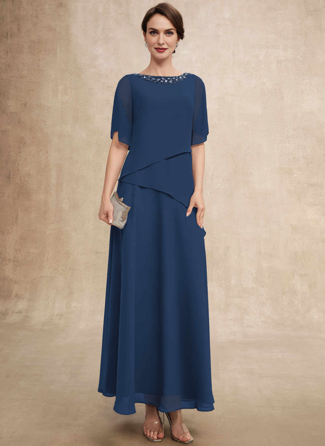 Classic A‑Line Beaded Boat Neck Flutter Sleeve Zipper Back Floor‑Length Mother Of The Bride Dress