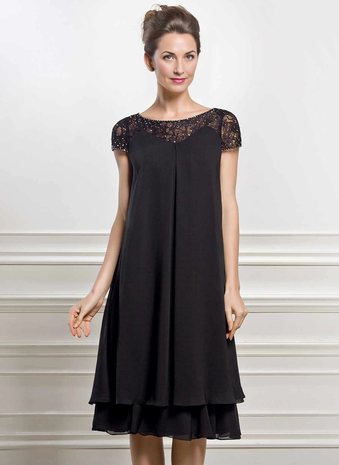 Loose Shift Bateau‑Neck Cap‑Sleeve Illusion‑Back Knee‑Length Mother Of The Bride Dress
