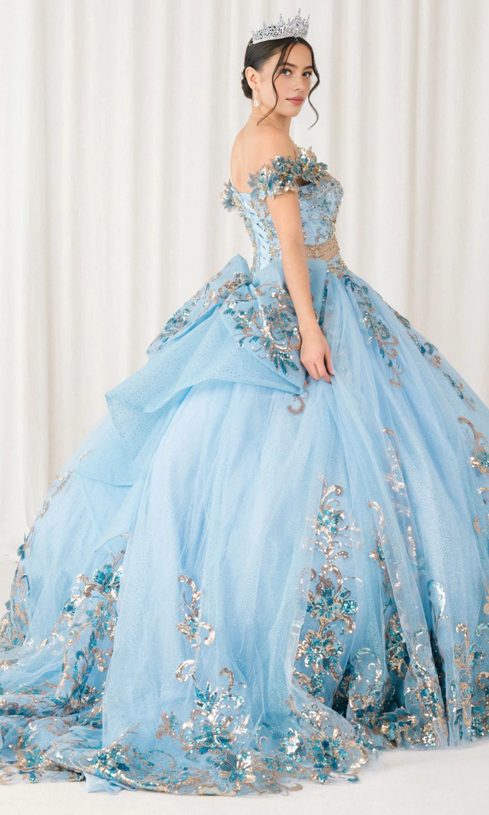 Glam Ball Gown Off‑Shoulder Floral Sleeve Lace‑Up Back Sweep Train Quinceanera Dress