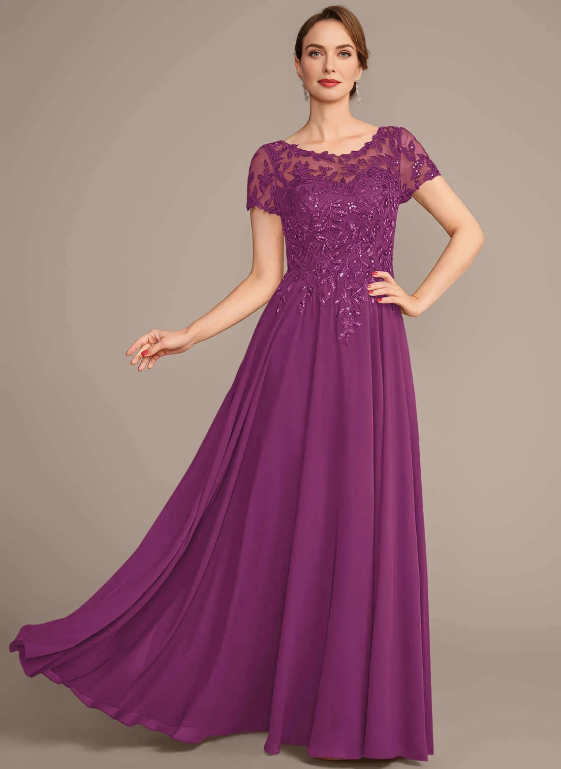 Elegant A‑Line Bateau Short Sleeve Illusion Back Long Mother Of The Bride Dress