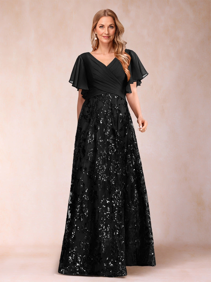 Elegant A Line V Neck Flutter Sleeve V‑Back Floor Length Mother Of The Bride Dress