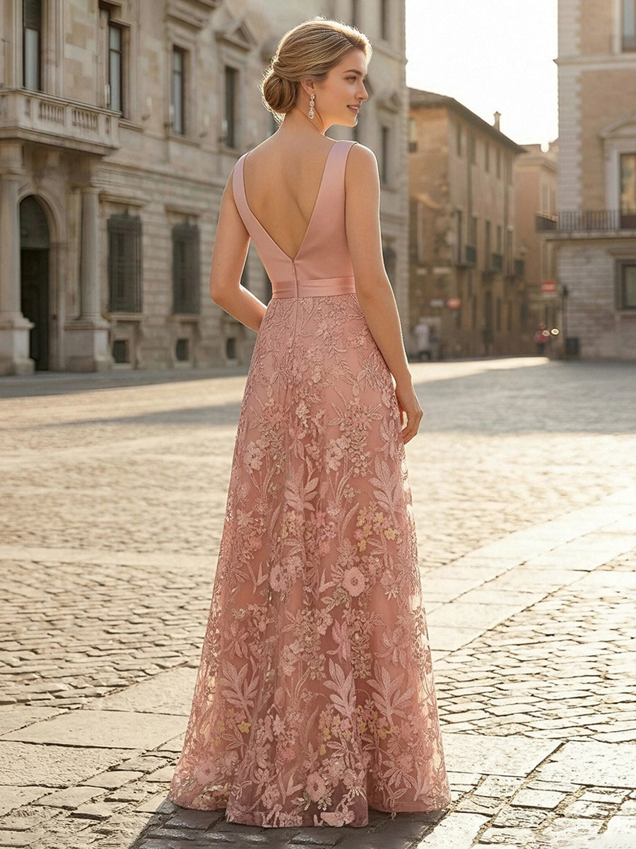 Vedress dusty pink wrap bodice floral lace A‑line long mother of the bride gown with waist sash