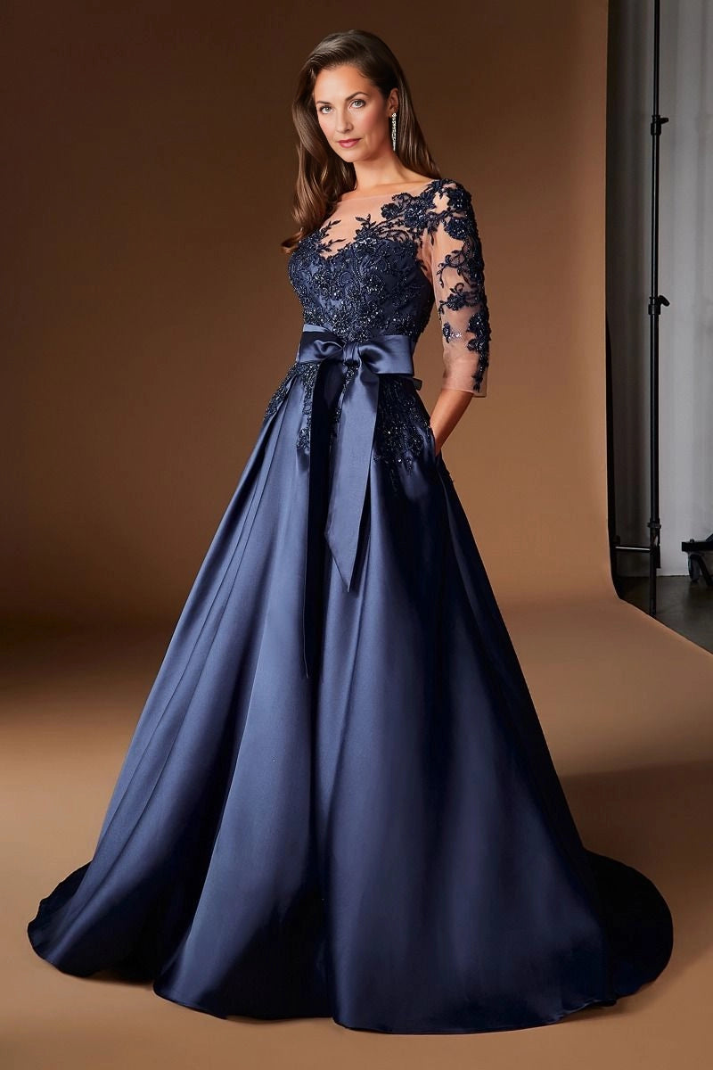 Navy A‑Line Illusion Neck 3/4 Sleeve Bow Back Long Mother Of The Bride Dress