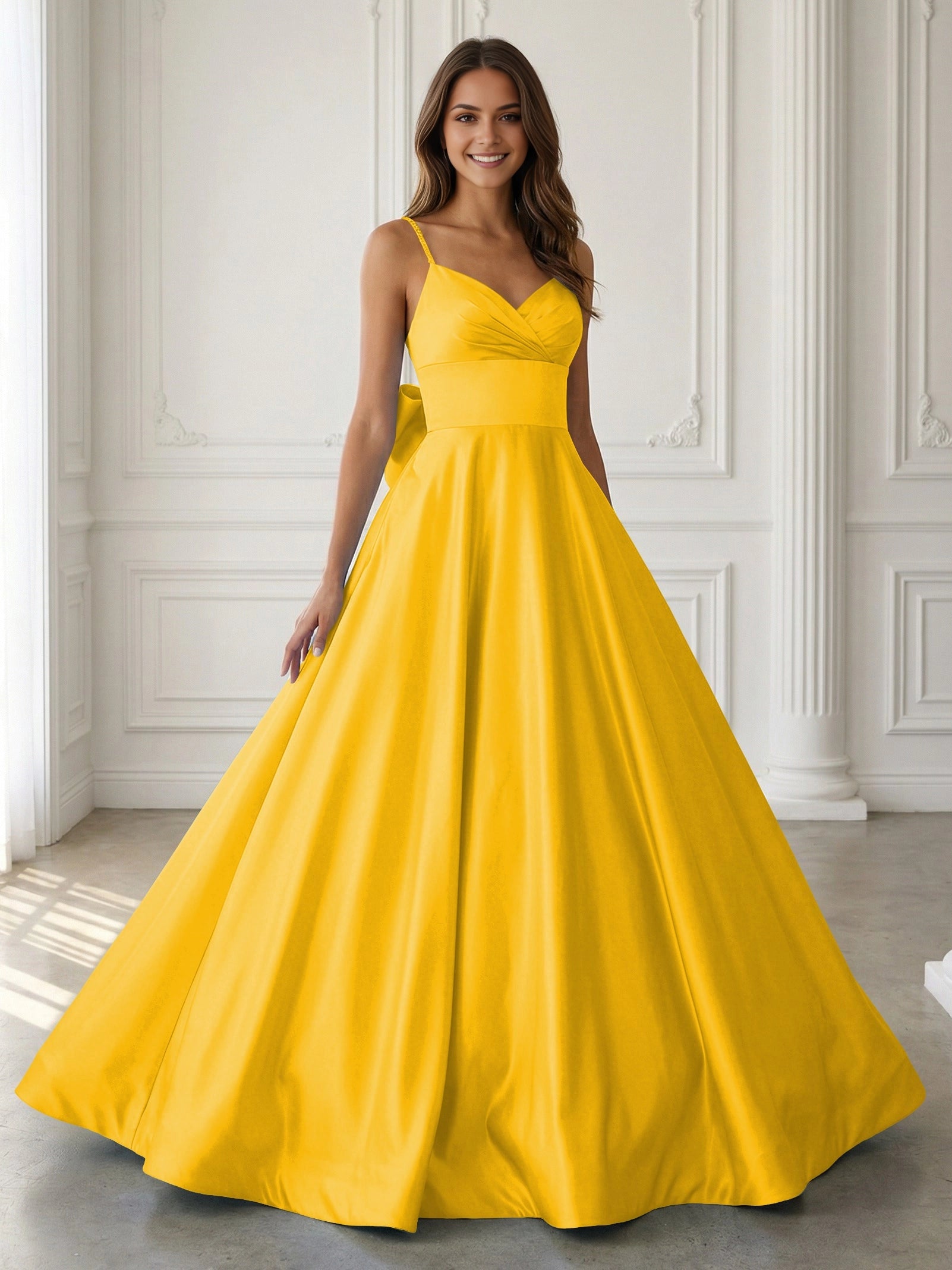 Elegant A‑Line V‑Neck Beaded‑Strap Sleeveless Bow‑Back Floor‑Length Prom Dress