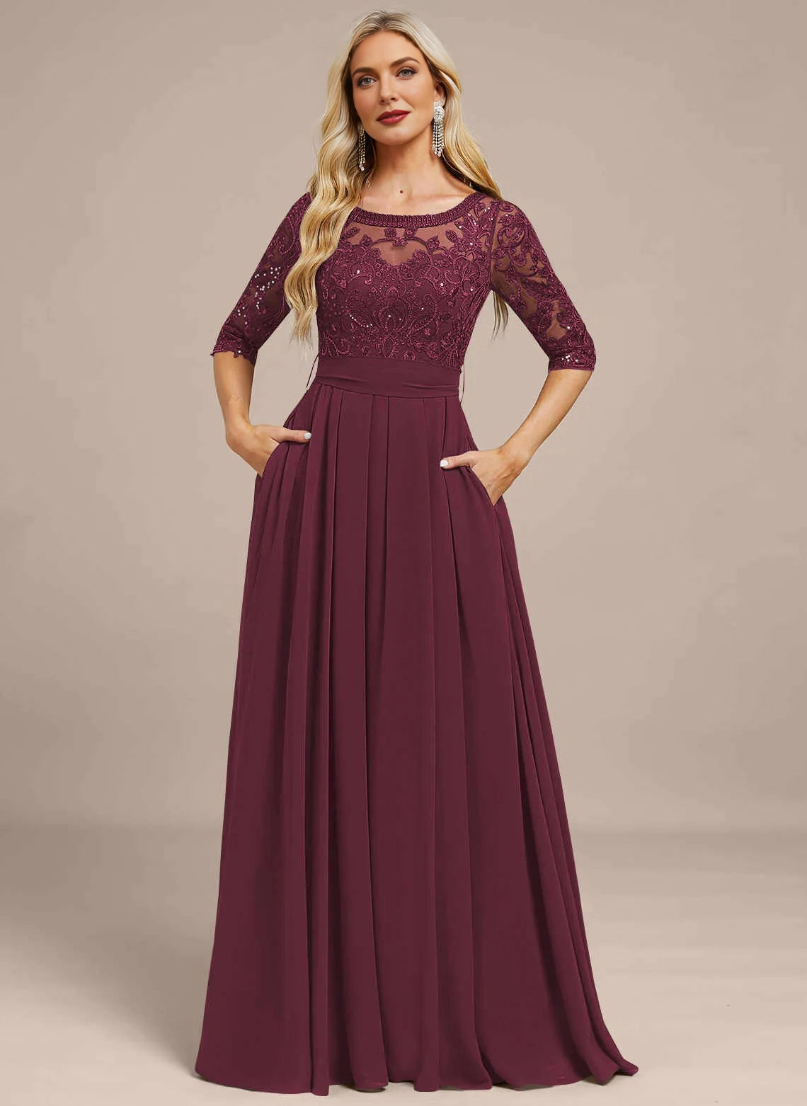Elegant A‑Line Bateau Neck 3/4 Sleeve Bow Back Floor‑Length Mother Of The Bride Dress