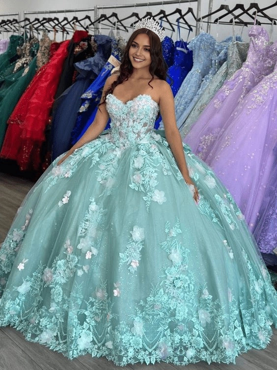 Turquoise Ball Gown Strapless Sweetheart Sleeveless Lace Up Back Long Quinceañera Dress