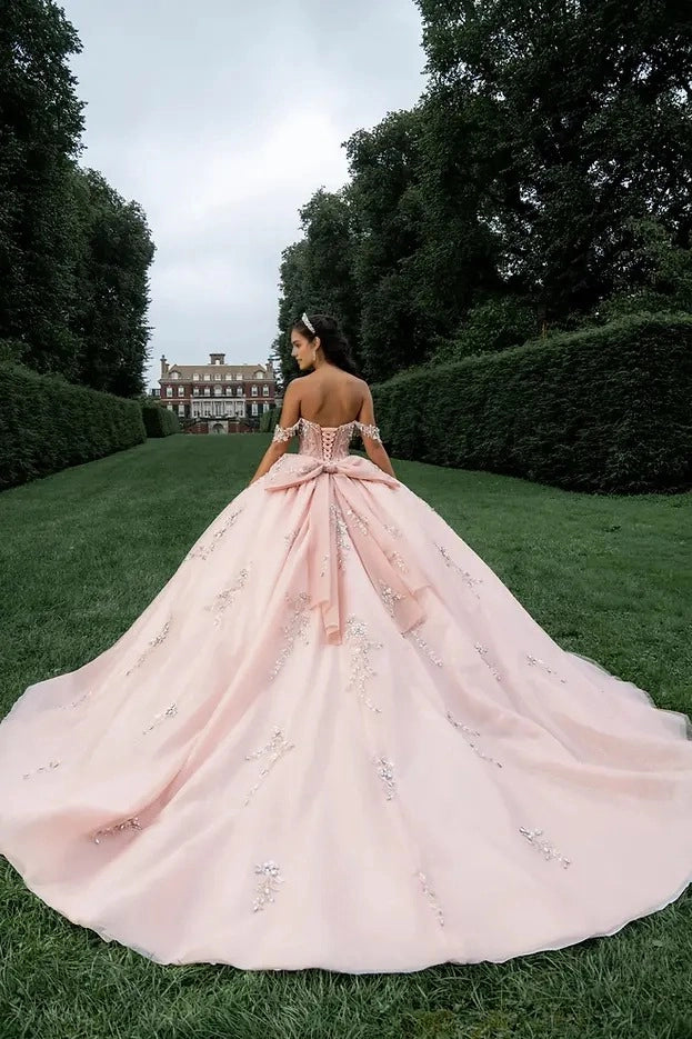 Back view Vedress blush pink quinceanera gown corset lace-up back big bow floor length tulle dress