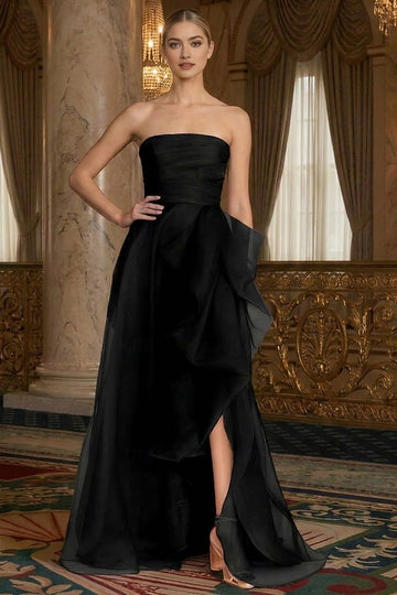 Chic A-Line Strapless Zip Back Slit Long Organza Prom Dress