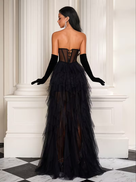 Elegant Strapless Corset Birthday Party Cake A-Line Princess Prom Dresses Evening Gown with Tulle High Slit NO Velvet Gloves