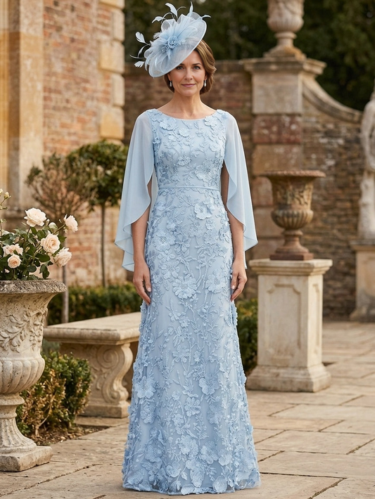 A-Line Scoop Chiffon Maxi Formal Mother of the Bride Dresses Lace Floral Floor-Length Cape Sleeves Evening Gown
