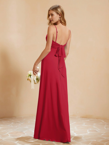 Spaghetti Strap Chiffon Bridesmaid Dress with Back Bow & High Slit