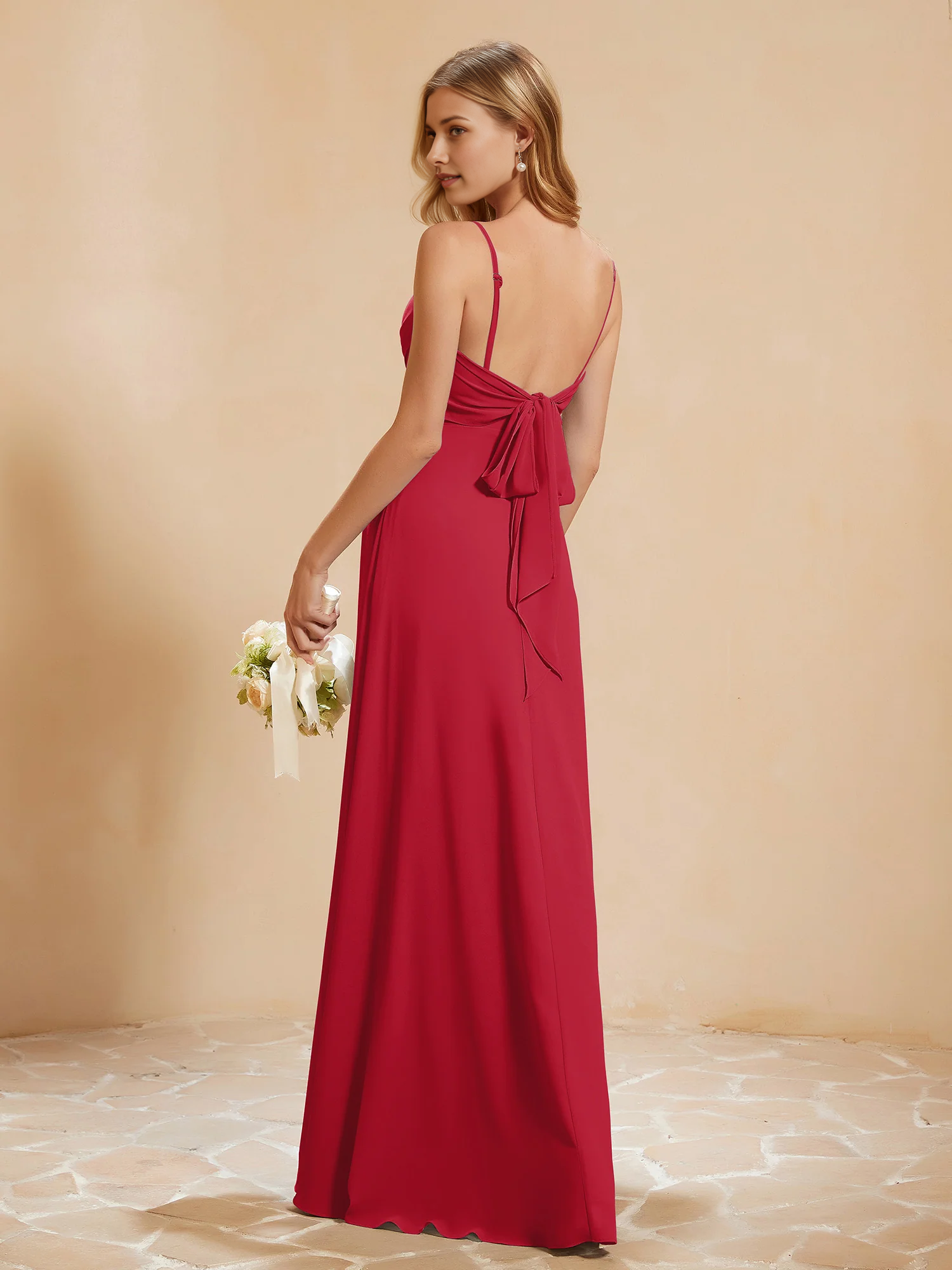Spaghetti Strap Chiffon Bridesmaid Dress with Back Bow & High Slit