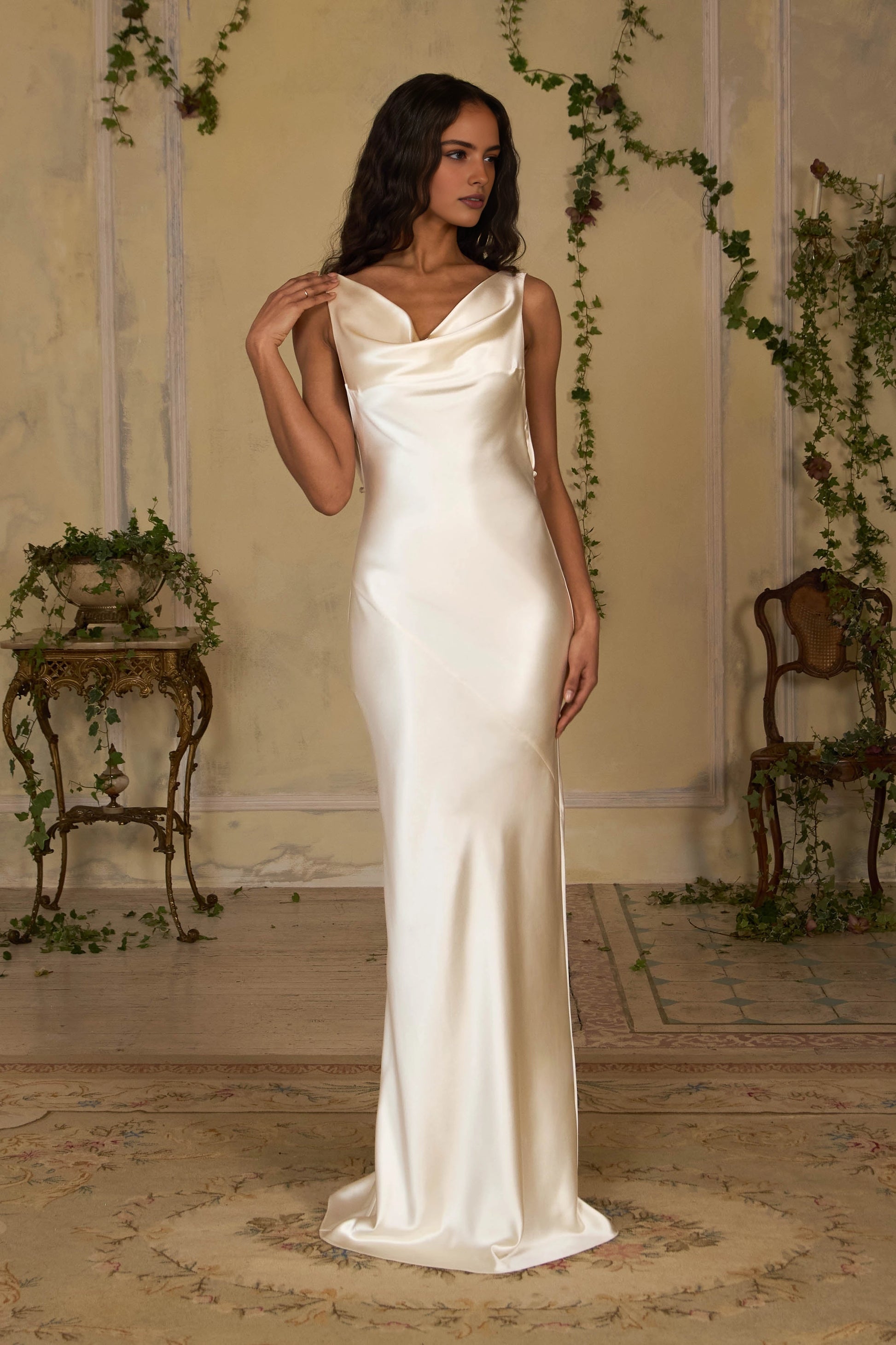 Ivory Satin Sheath Cowl Neck Sleeveless Tie‑Up Open‑Back Floor‑Length Prom Dress
