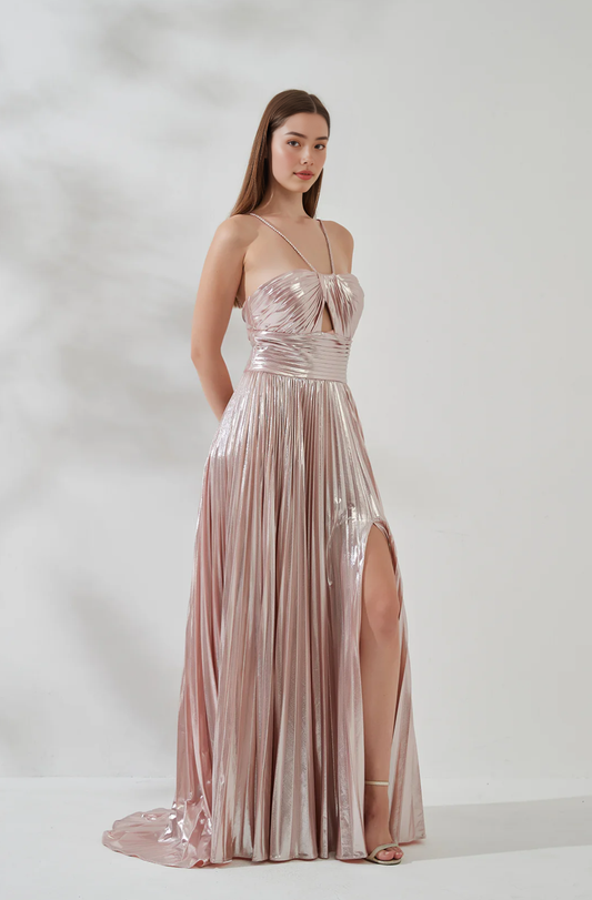 A-Line Spaghetti Strap Sleeveless Open Back Court Train Evening Gown With Pleated Side Slit