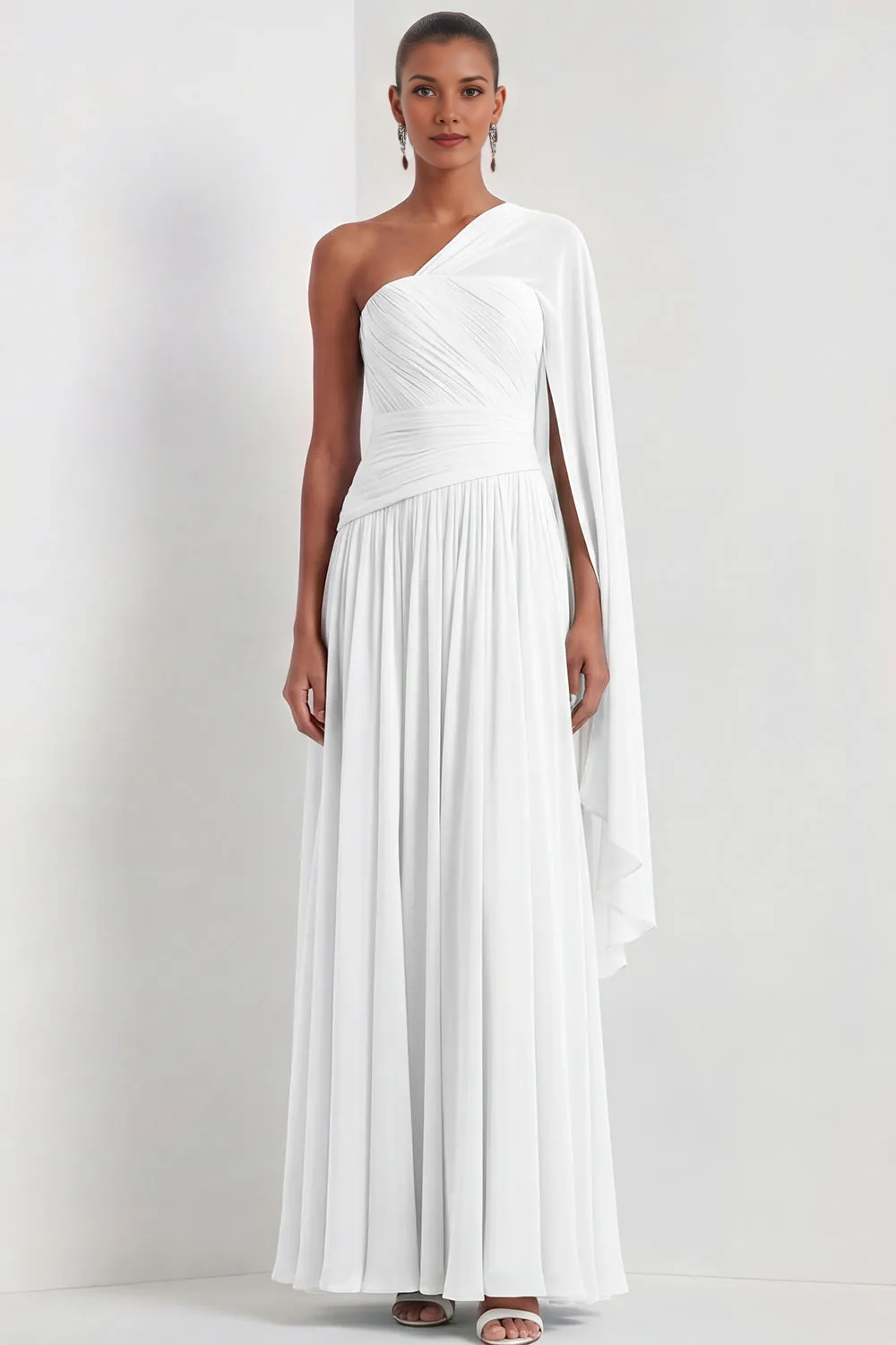 One Shoulder Draped Cape Sleeve Pleated Chiffon A-Line Maxi Bridesmaid Formal Dress