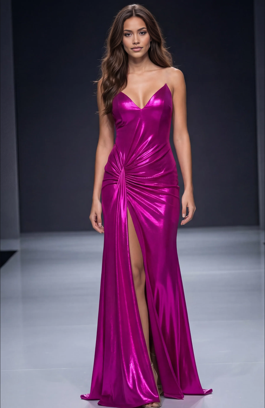 Mermaid Form-Fitting Metallic V-Neck Spaghetti Straps Open Back Floor-Length Evening Gown