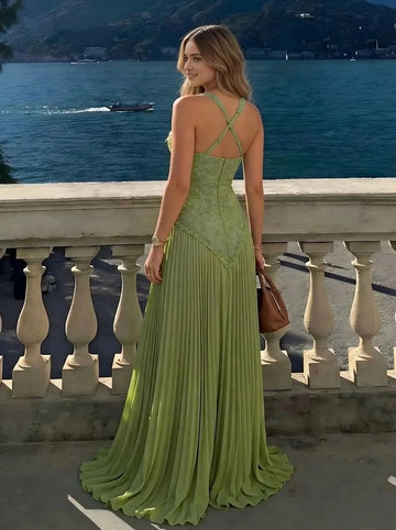 Vedress sage green halter lace bodice pleated chiffon a‑line long bridesmaid gown