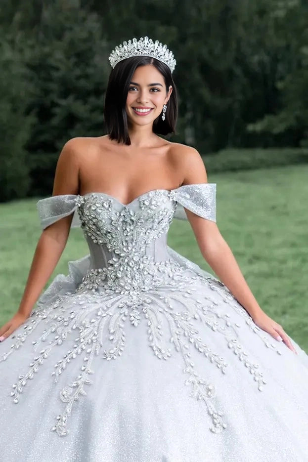 Glitter Ball Gown Sweetheart Off Shoulder Corset Back Train Quinceañera Dress
