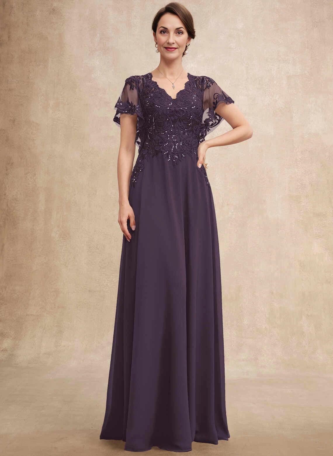 Gorgeous A‑Line V‑Neck Flutter‑Sleeve V‑Back Floor‑Length Mother Of The Bride Dress
