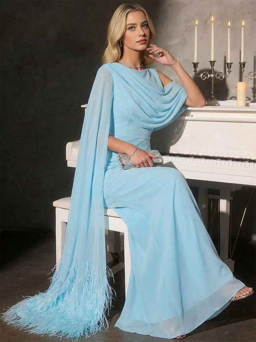 Vedress light blue chiffon evening gown,side view draped cape with trailing feather detail,form‑fitting mermaid silhouette,studio scene with candelabra