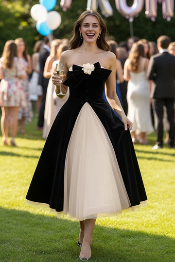 Vedress vintage black cream two tone velvet strapless bow midi prom dress party gown