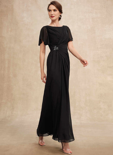 Classic A‑Line Bateau Flutter Sleeve Ruched Waist Long Mother Of The Bride Dress