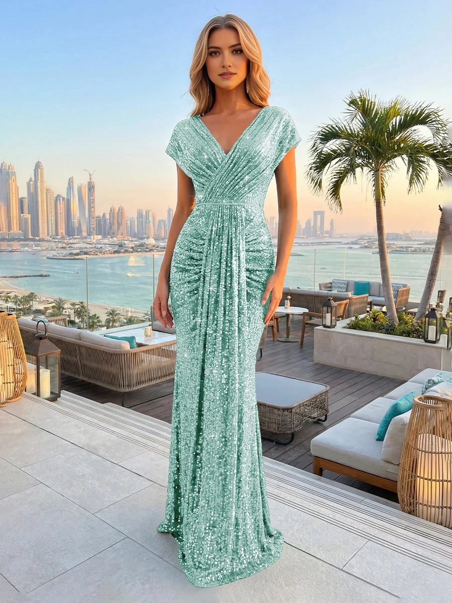 Glamorous Mermaid V‑Neck Cap‑Sleeve Deep‑V‑Back Floor‑Length Prom Dress 