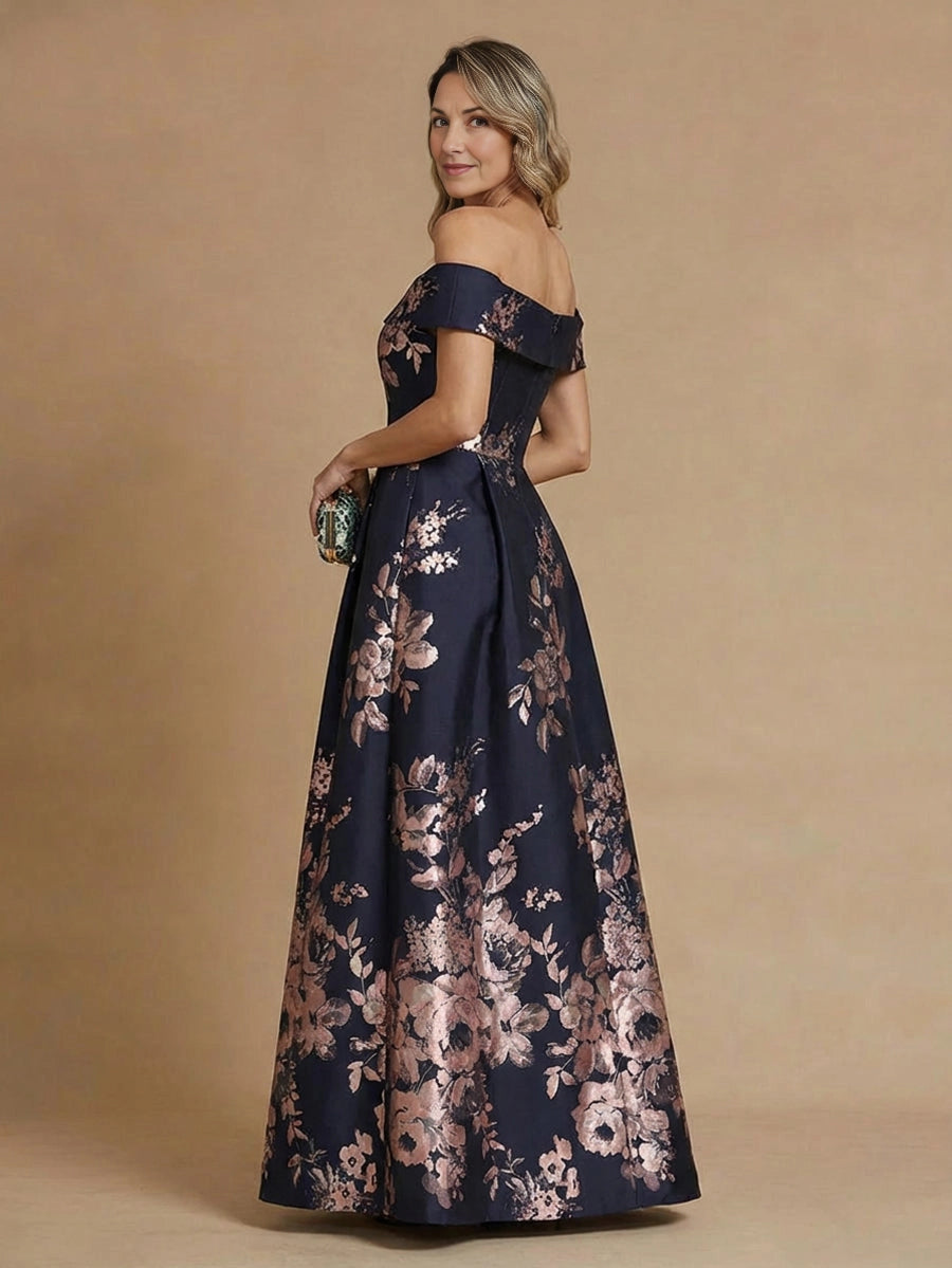 Zip‑back navy rose gold floral jacquard formal mother of bride long evening gown