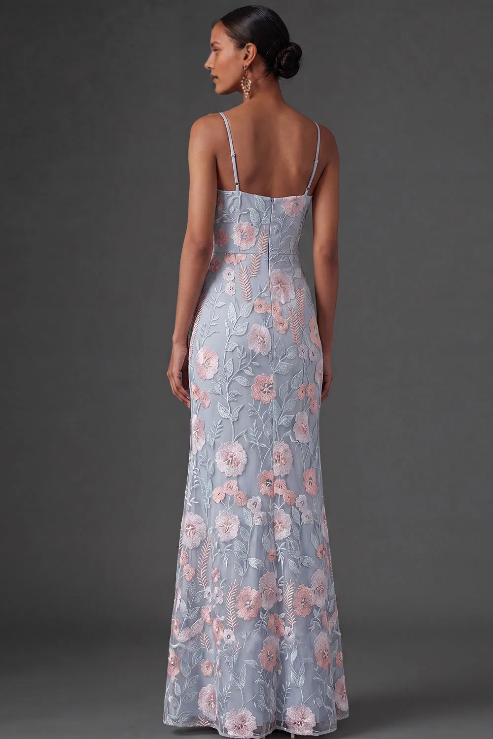 Spaghetti Strap V-Neck Floral Embroidered Tulle Mermaid Maxi Dress with High Slit