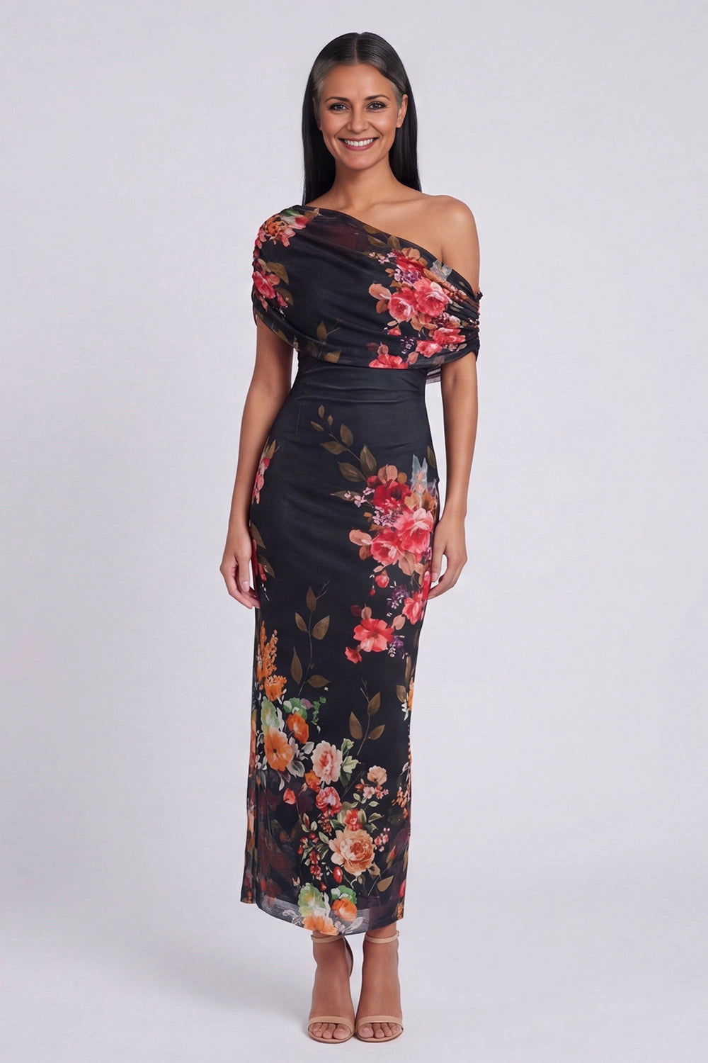 Elegant Sheath Asymmetric One Shoulder Draped Back Zip Midi Wedding Guest Dress