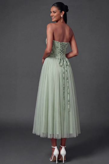 Strapless Floral Embroidered Corset Bodice Pleated Tulle Midi Bridesmaid Formal Dress