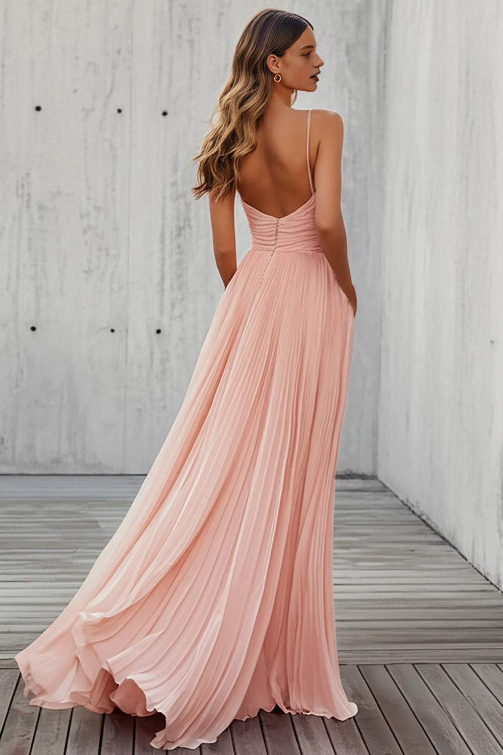 Vedress thin strap low open back ruched chiffon bridesmaid long gown back view