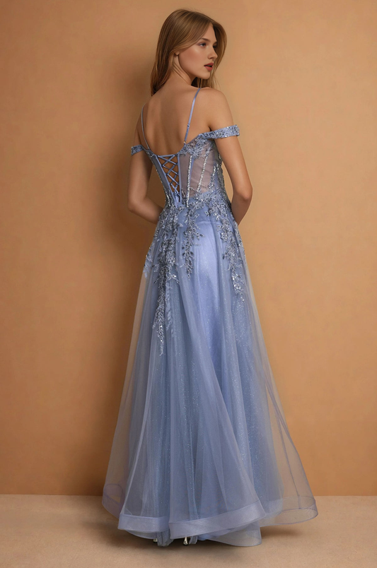 Elegant  Off-Shoulder Corset Prom Dress Beaded Tulle Sweetheart Cold Shoulder Open Back Maxi Formal Gown