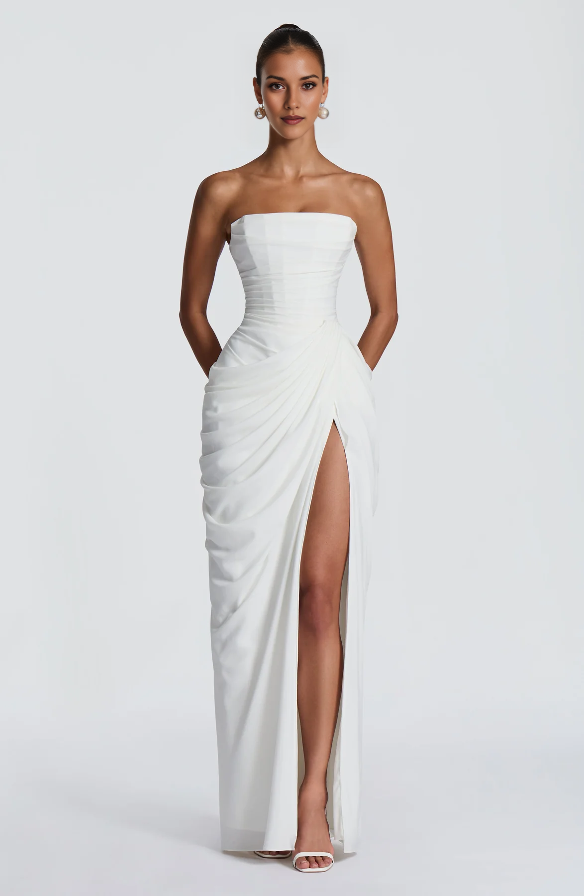 Light Blue Asymmetrical Strapless Draped High-Slit Lace-up Maxi Dress - Corset Back Formal Evening Gown