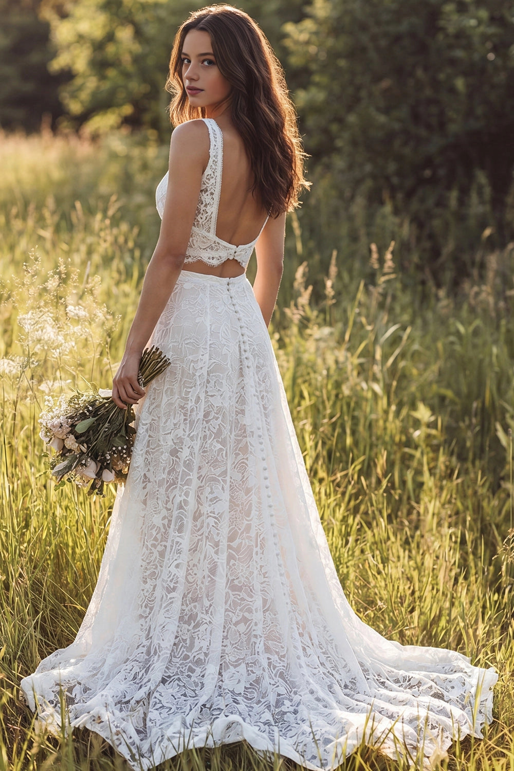 Vedress low open back button down lace two piece wedding dress sweep train grassland backdrop