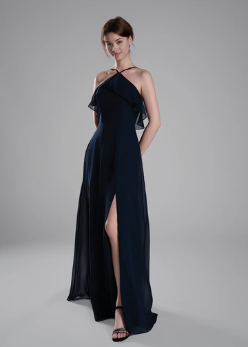 Elegant A-Line Halter Neck Sleeveless Open Back Floor-Length Bridesmaid Dresses